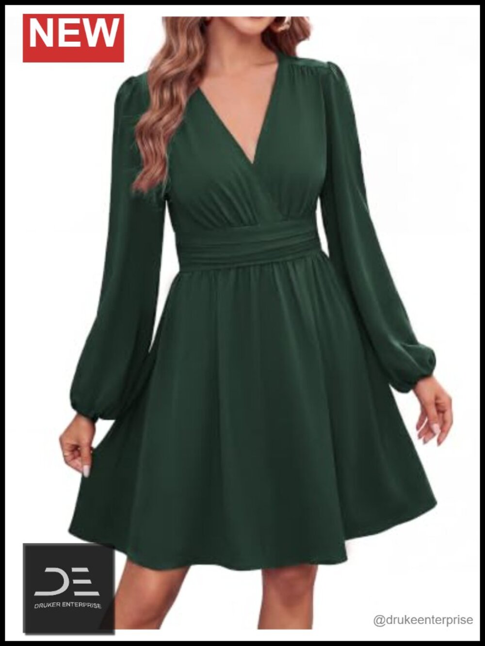 Women's Long Sleeve Mini Dress Empire Waist V-Neck Fit & Flare